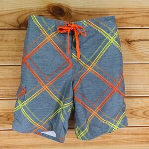 OP Swim Trunks Mens Sz M Gray Plaid Pockets Stretch Waist Drawstring Fully Lined